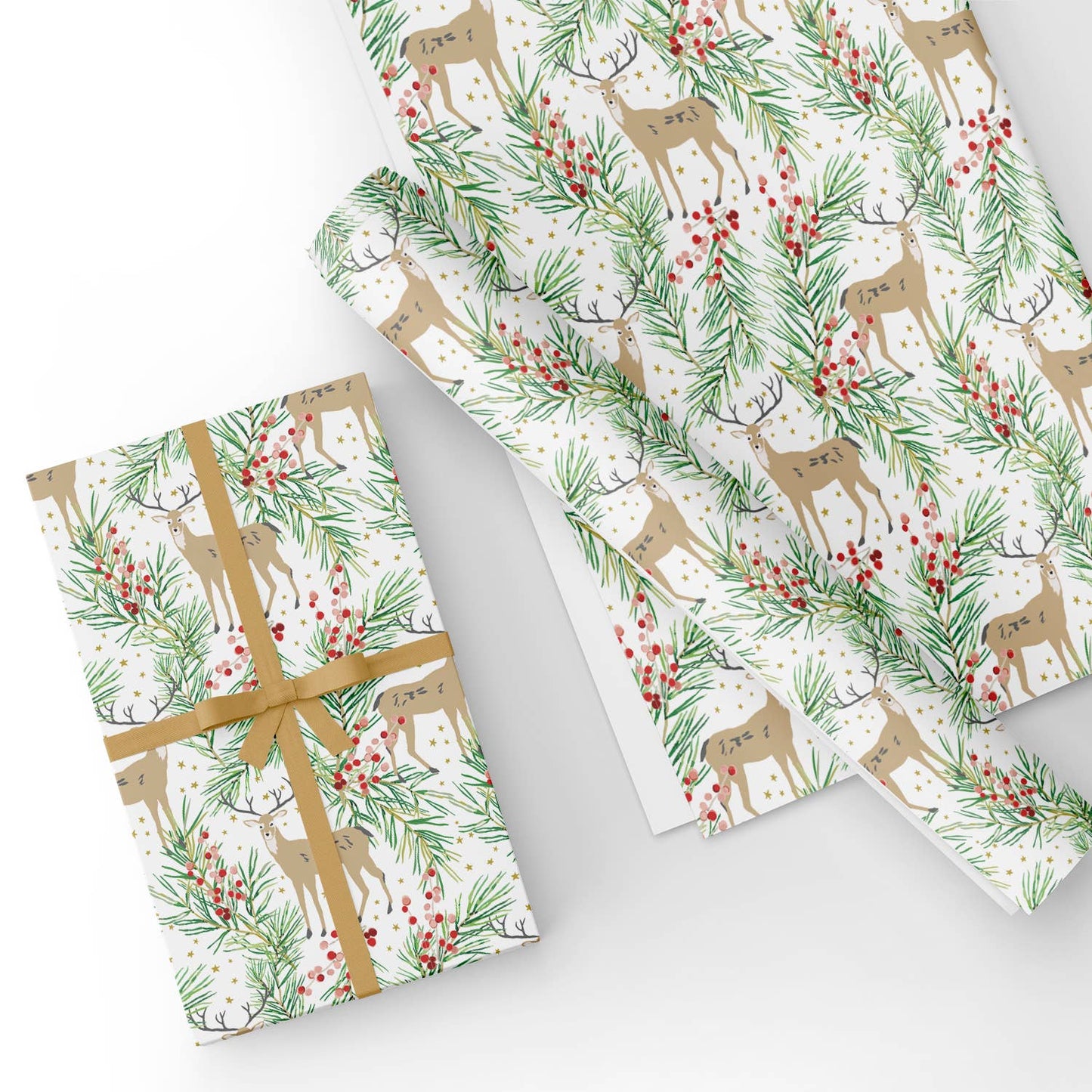 Winter Forest Reindeer Flat Wrapping Paper Sheet 19.7" X 27.6"