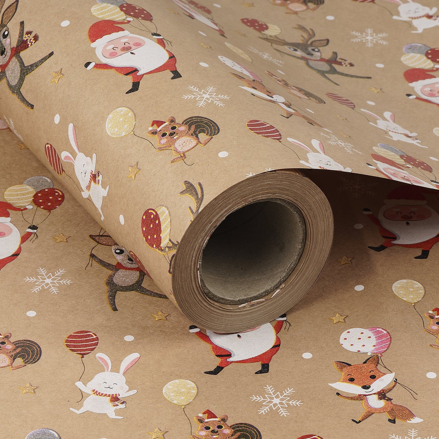 Dancing Santa & Animals Christmas Kraft Wrapping Paper with Cut Line on Reverse