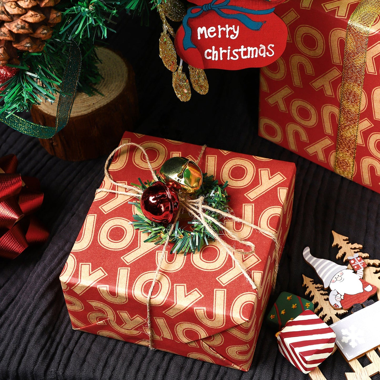 Joy in Red Background Christmas Kraft Wrapping Paper with Cut Line on Reverse