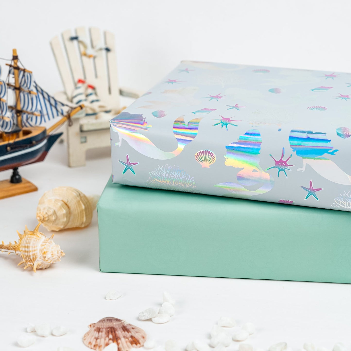 Sea Mermaid Holographic Foil Wrapping Paper with Blue Color on Reverse