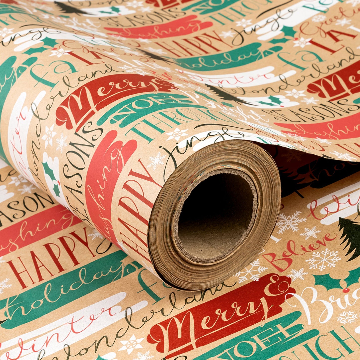 Seasons Greeting Christmas Kraft Wrapping Paper with Cut Line on Reverse