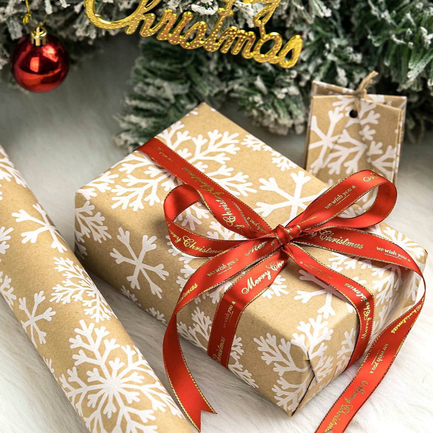 White Snow Flake Christmas Kraft Wrapping Paper with Cut Line on Reverse