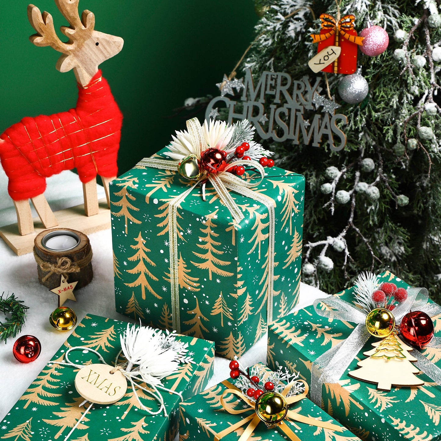 Winter Forest Tree Christmas Kraft Wrapping Paper with Cut Line on Reverse