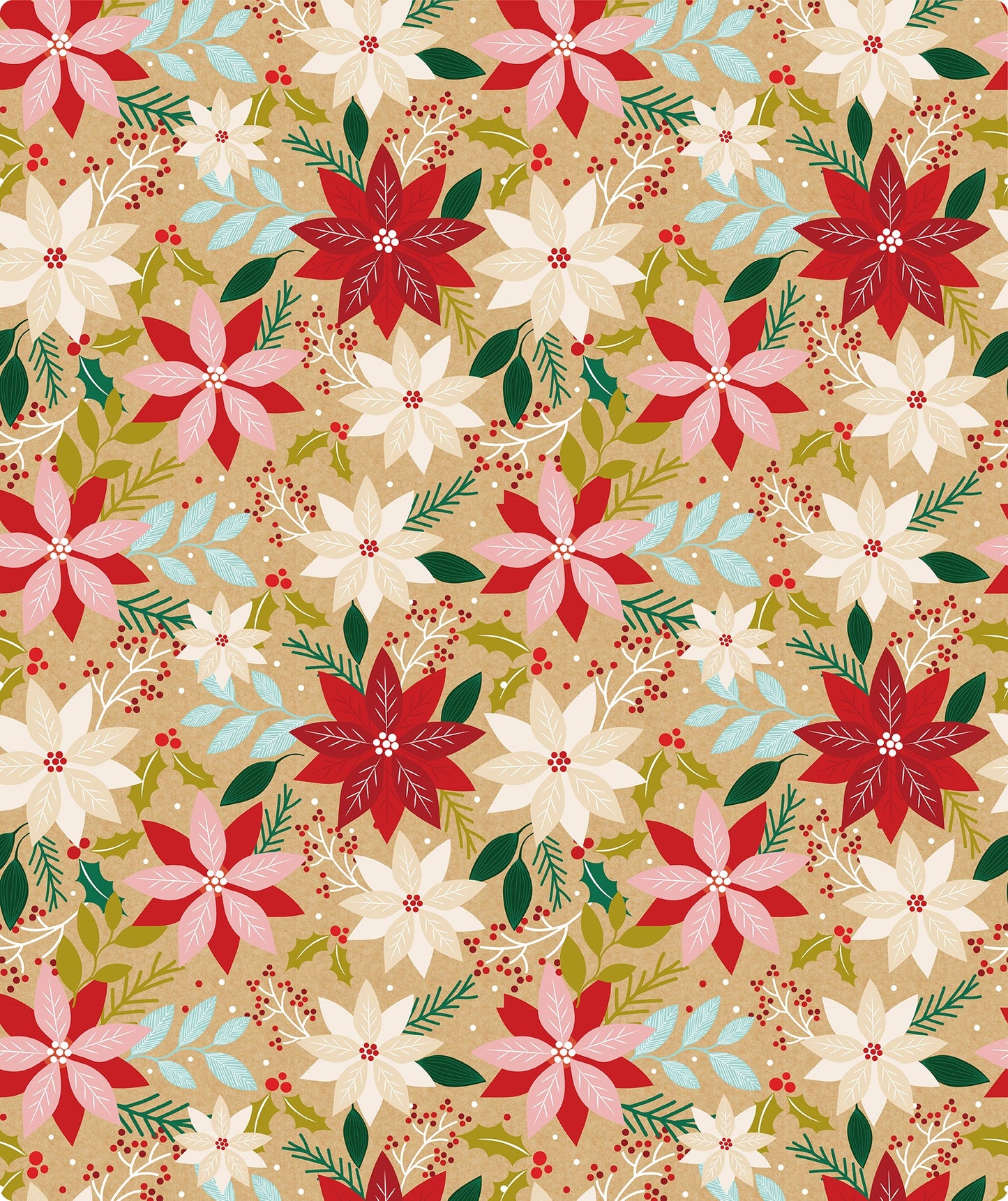 Xmas Poinsettia Christmas Kraft Wrapping Paper with Cut Line on Reverse