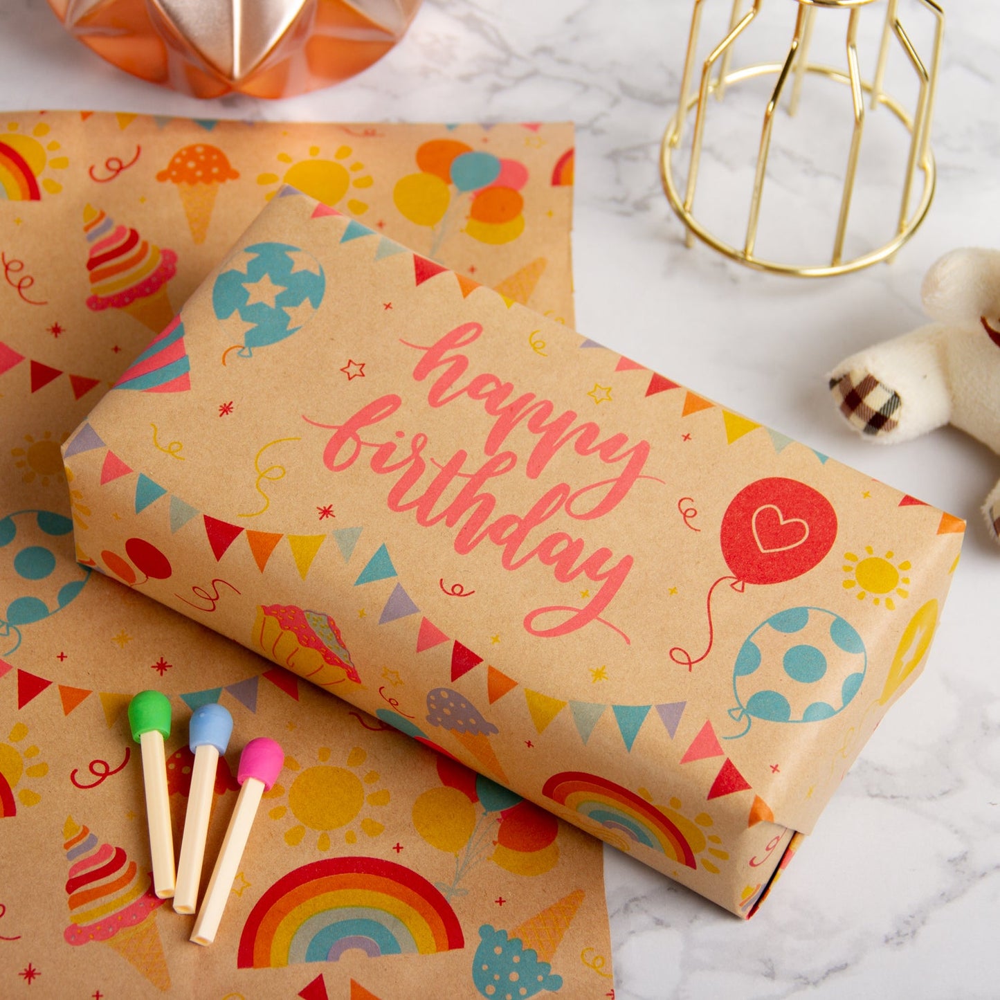 Birthday Party Eco-friendly Kraft Wrapping Paper with Cut Line on Reverse