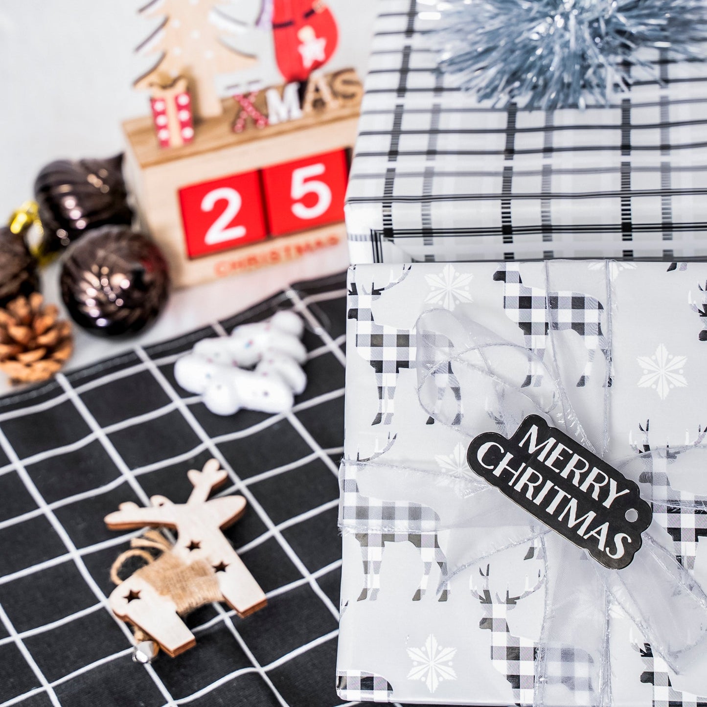 Buffalo Deer Christmas Wrapping Paper Roll with White & Black Buffalo Grid on Reverse