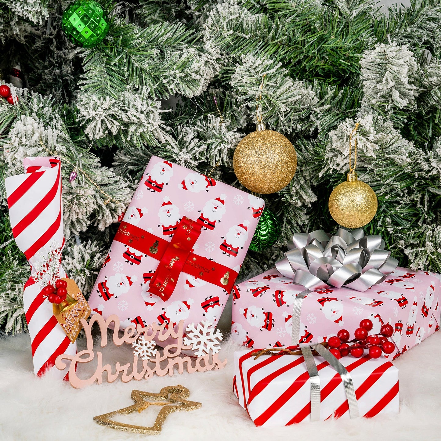 Cute Santa Christmas Wrapping Paper Roll with Red & White Diagonal Stripes on Reverse