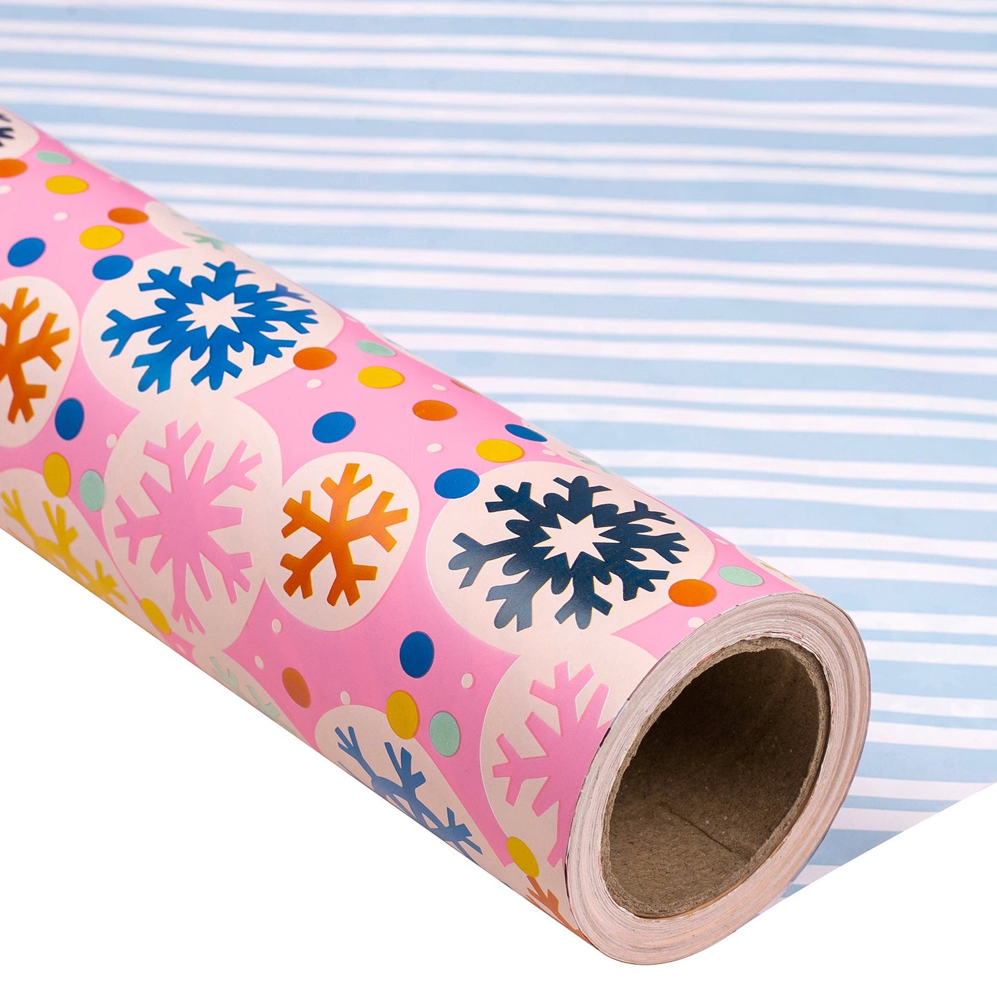 Pink Snowflake Christmas Wrapping Paper Roll with Blue & White Diagonal Stripes on The Back