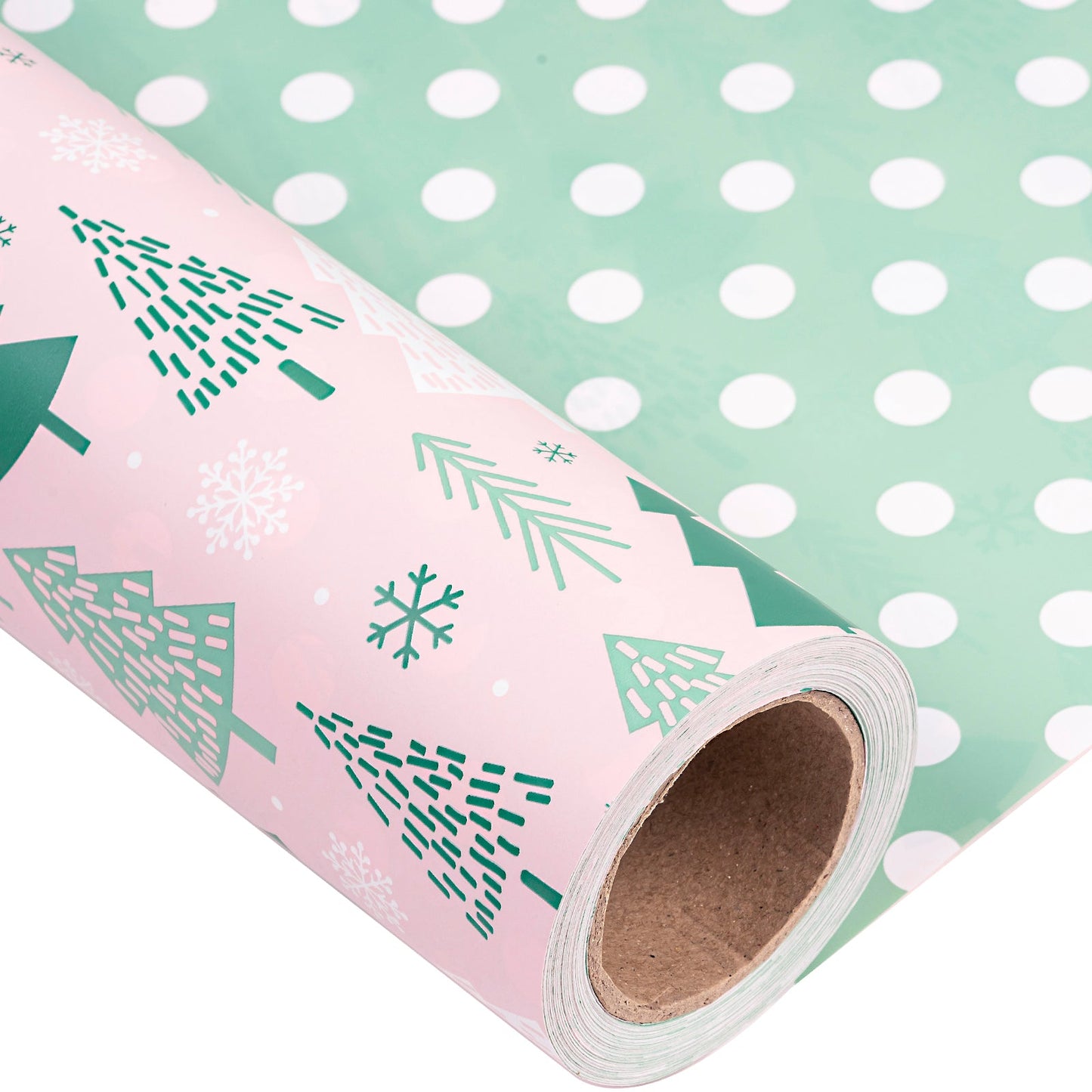 Pink Tree Christmas Wrapping Paper Roll with White Polka Dots on Reverse