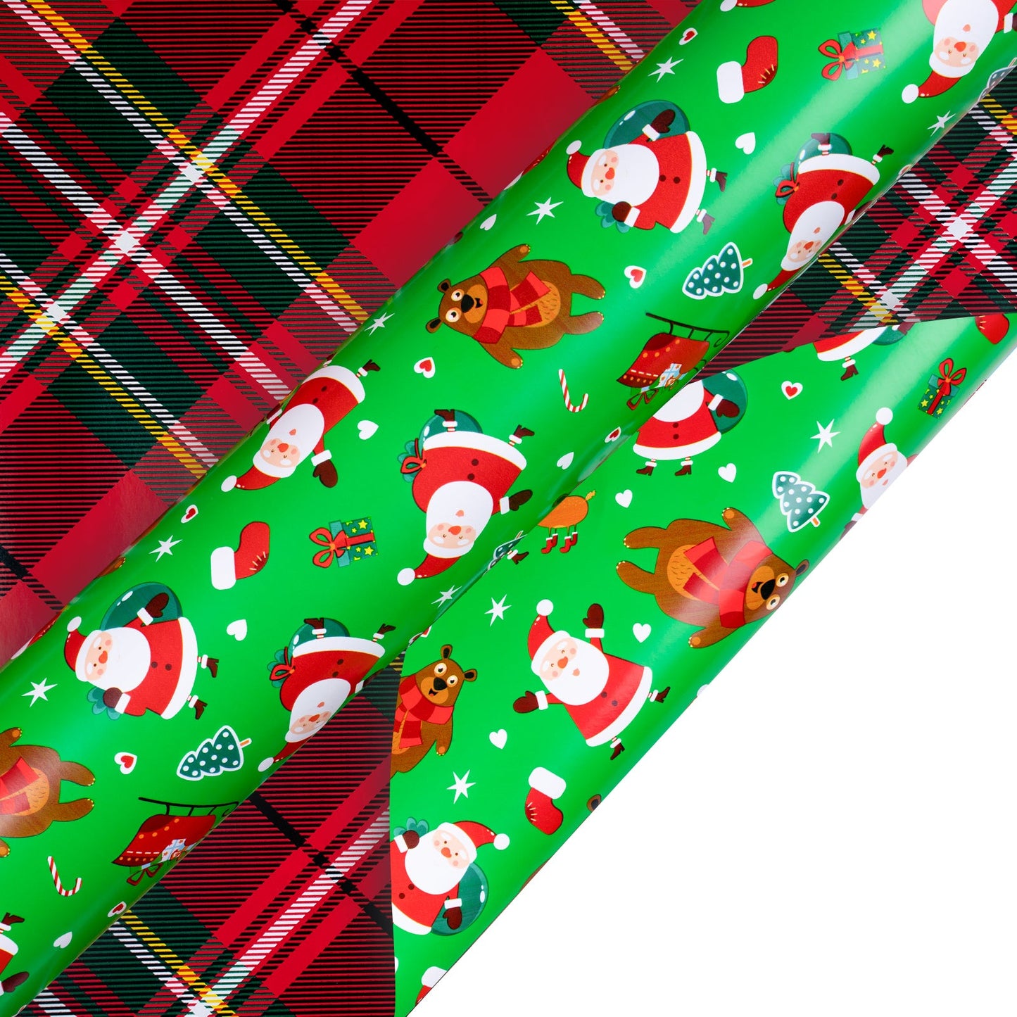 Santa & Bear Christmas Wrapping Paper Roll with Red & Black Buffalo Grid on Reverse