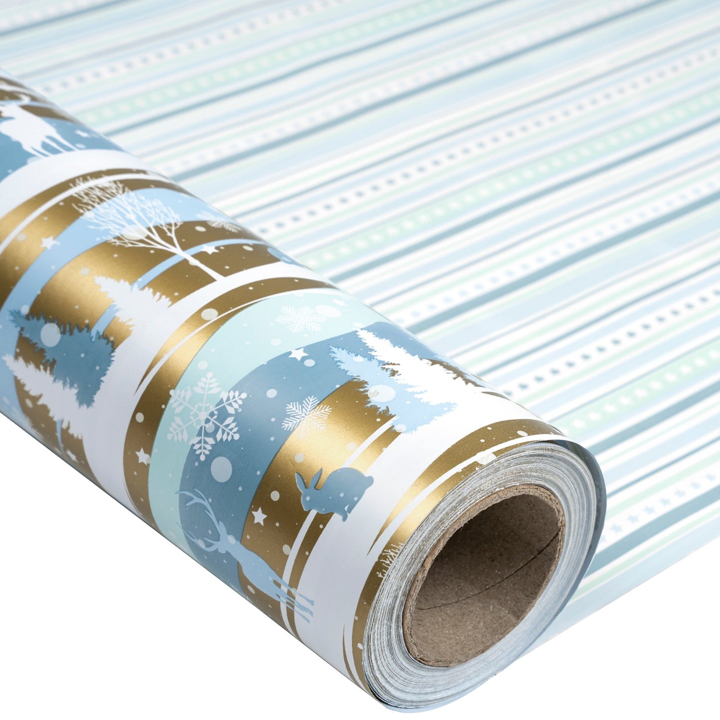 Winter Landscape Gold Christmas Wrapping Paper Roll with White Polka Dot & Stripe on Reverse