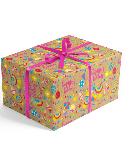 Birthday Party Eco-friendly Kraft Wrapping Paper with Cut Line on Reverse