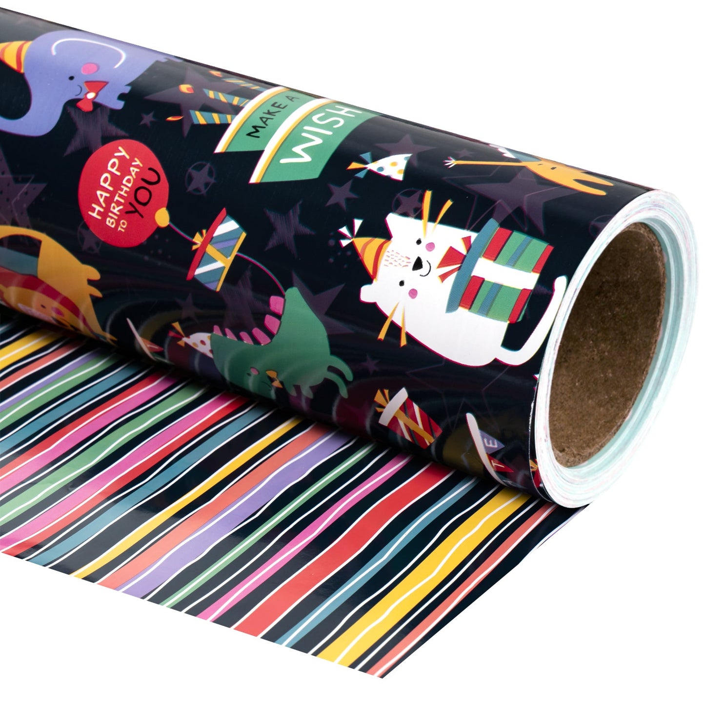 Animals Birthday Party Wrapping Paper with Color Stripe on Reverse