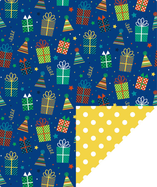 Birthday Gift Blue Wrapping Paper with Yellow Polka Dot on Reverse