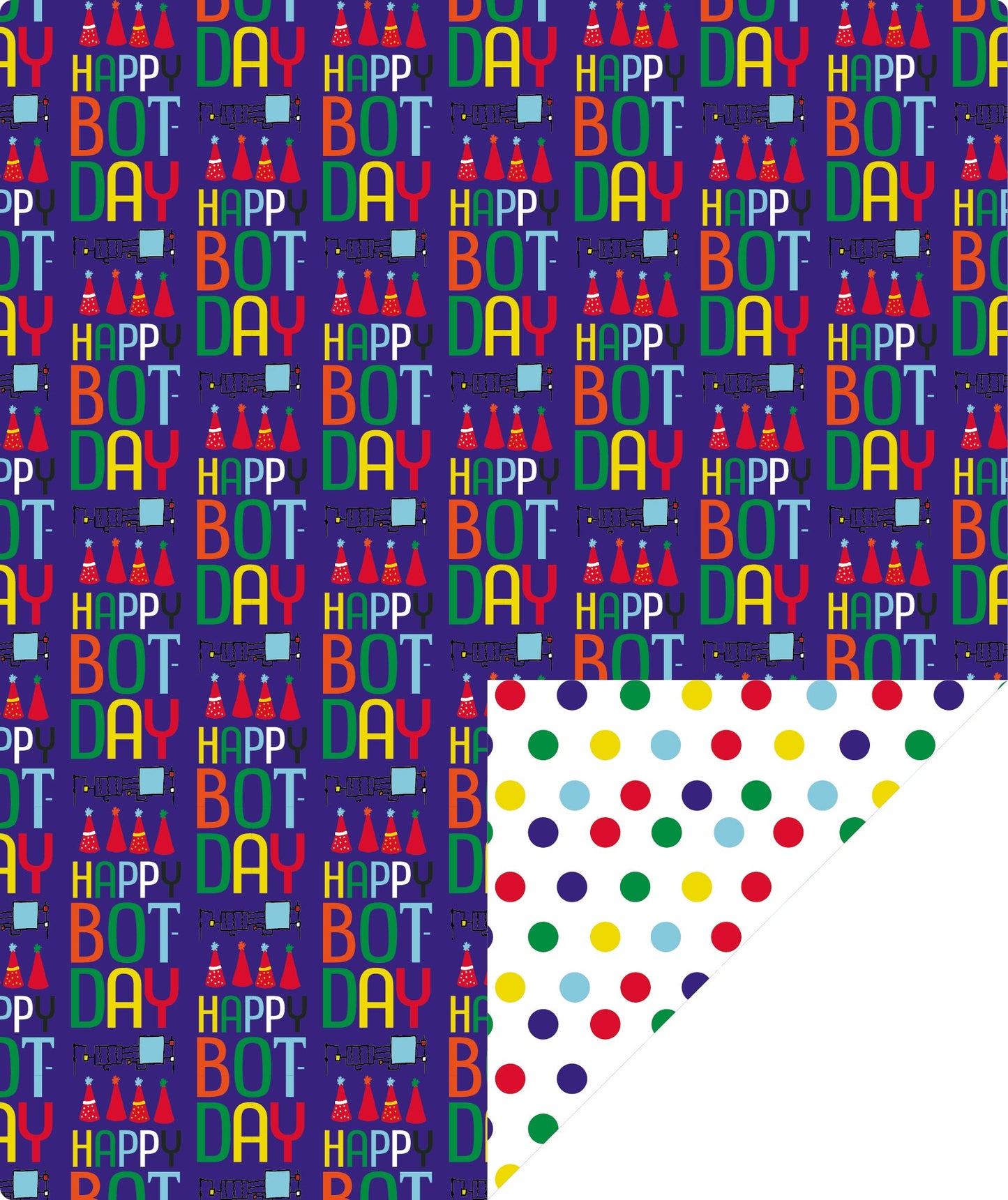 Bot Purple Boy's Birthday Wrapping Paper with Colorful Polka Dot on Reverse