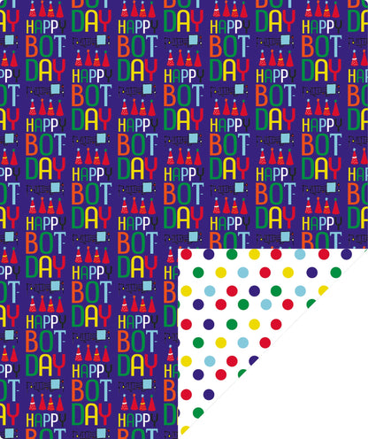 Bot Purple Boy's Birthday Wrapping Paper with Colorful Polka Dot on Reverse