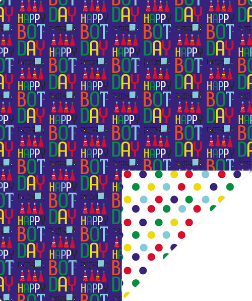 Bot Purple Boy's Birthday Wrapping Paper with Colorful Polka Dot on Reverse