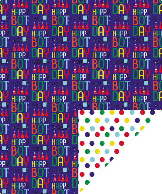 Bot Purple Boy's Birthday Wrapping Paper with Colorful Polka Dot on Reverse