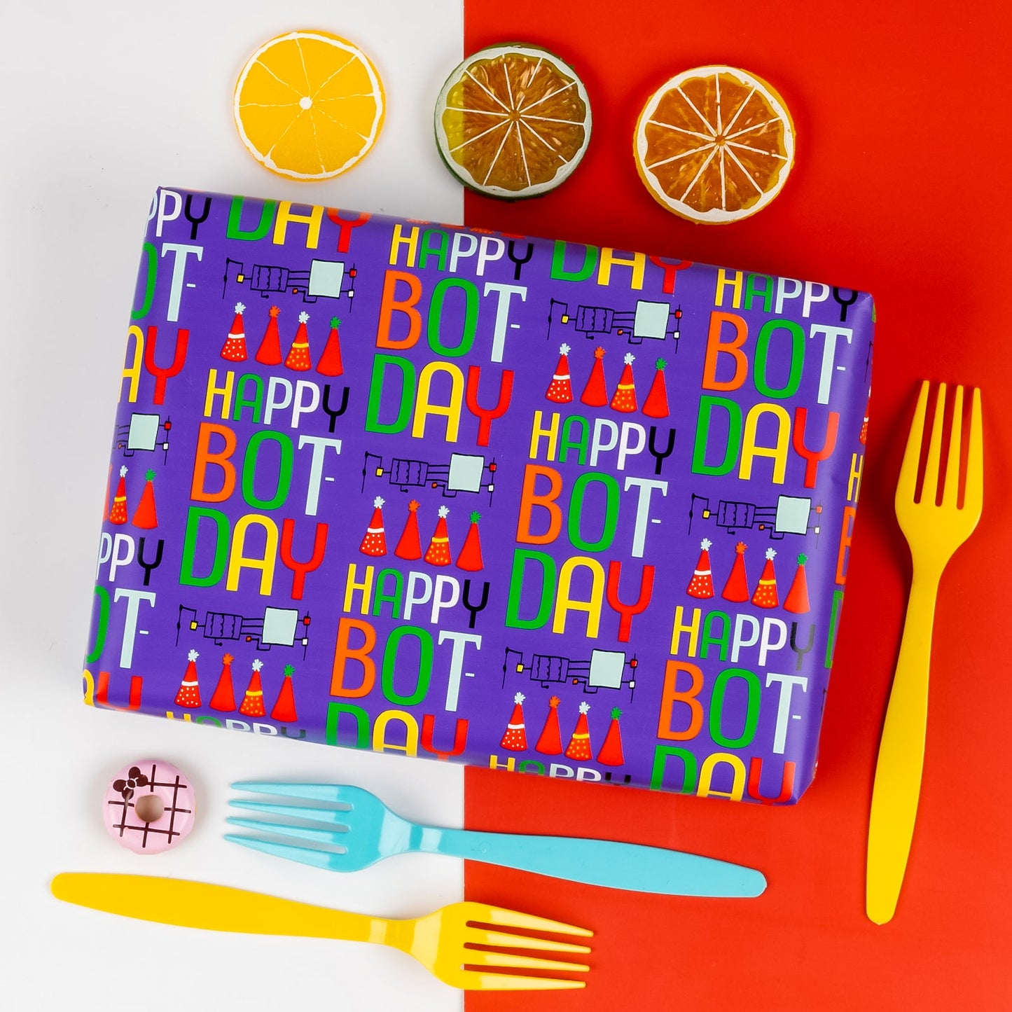 Bot Purple Boy's Birthday Wrapping Paper with Colorful Polka Dot on Reverse