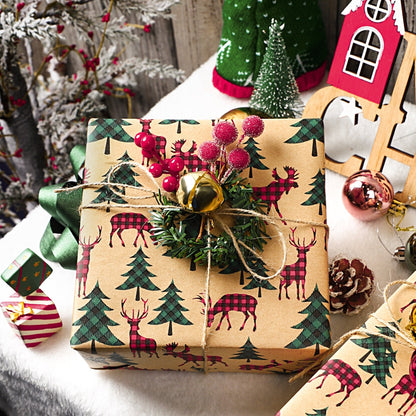 Buffalo Plaid Animals Christmas Kraft Wrapping Paper with Cut Line on Reverse