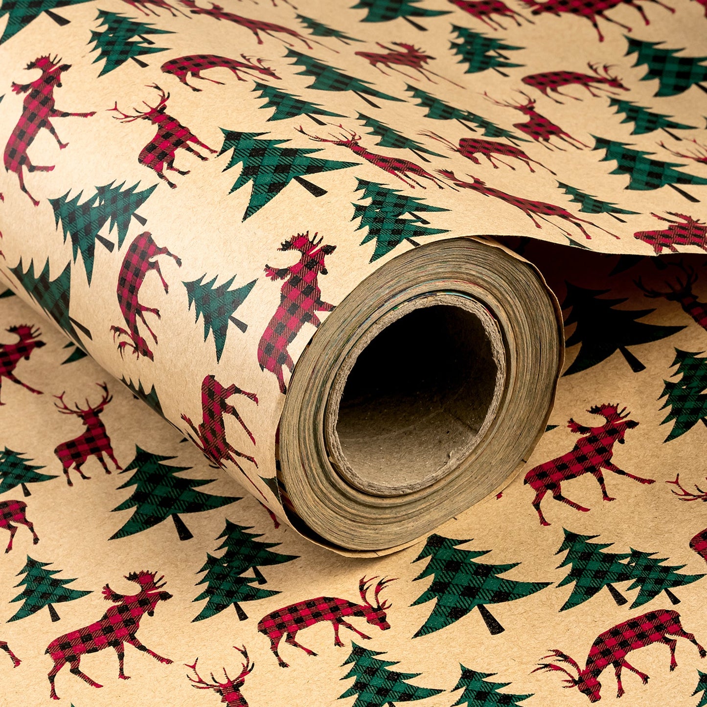 Buffalo Plaid Animals Christmas Kraft Wrapping Paper with Cut Line on Reverse