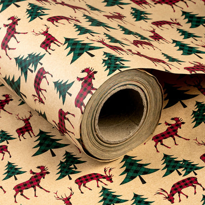 Buffalo Plaid Animals Christmas Kraft Wrapping Paper with Cut Line on Reverse