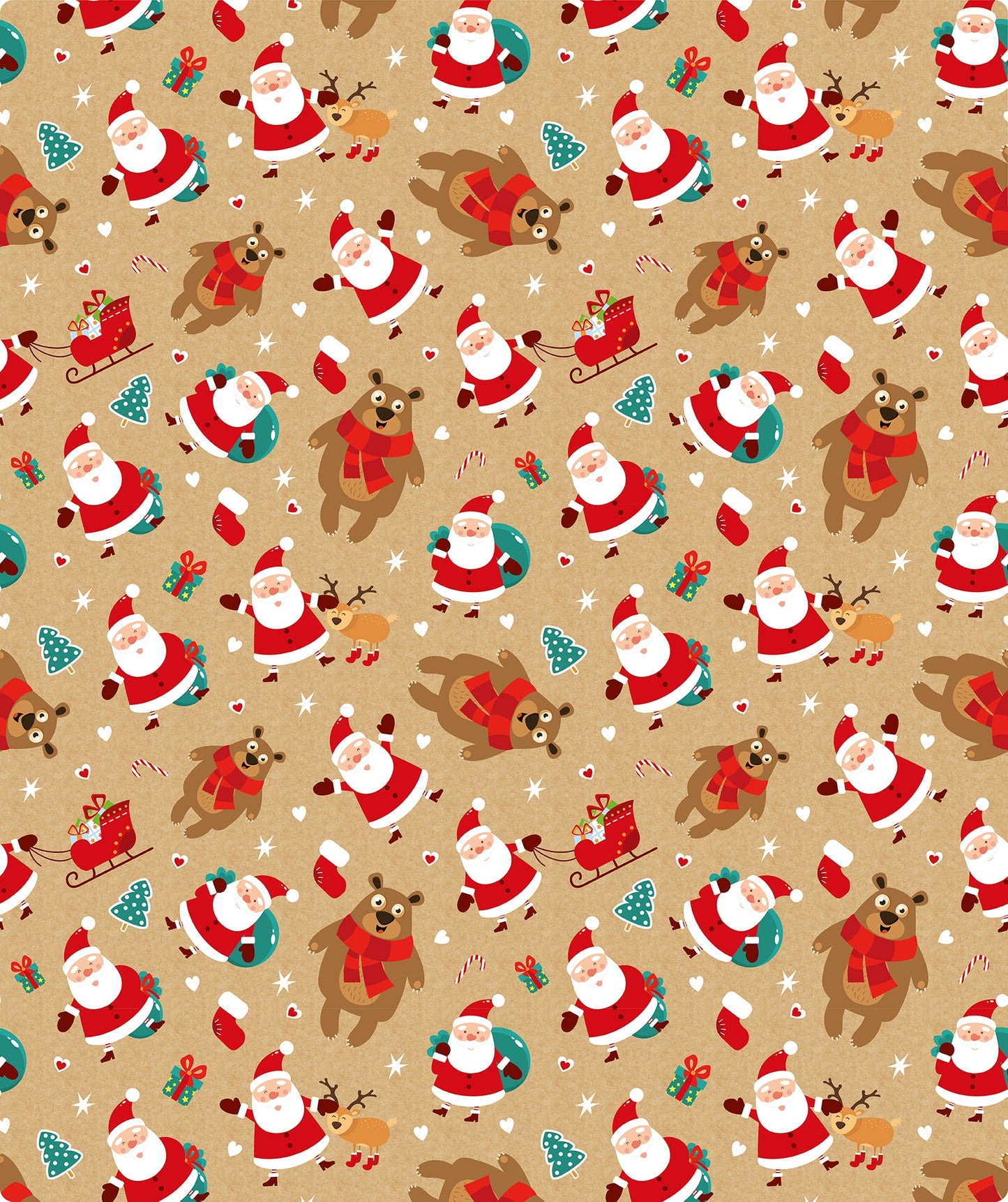 Cute Dancing Santa & Bear Christmas Kraft Wrapping Paper with Cut Line on Reverse