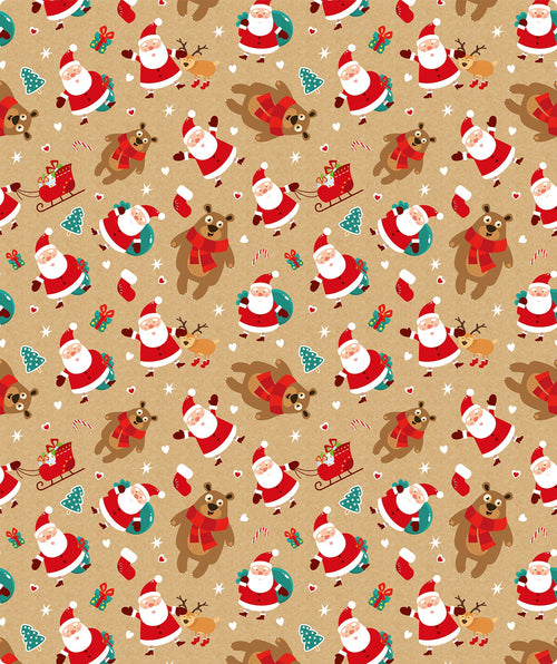Cute Dancing Santa & Bear Christmas Kraft Wrapping Paper with Cut Line on Reverse