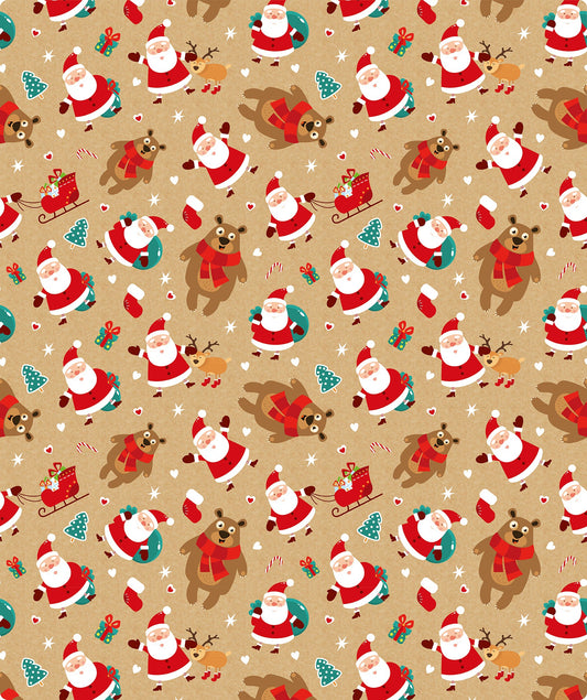 Cute Dancing Santa & Bear Christmas Kraft Wrapping Paper with Cut Line on Reverse
