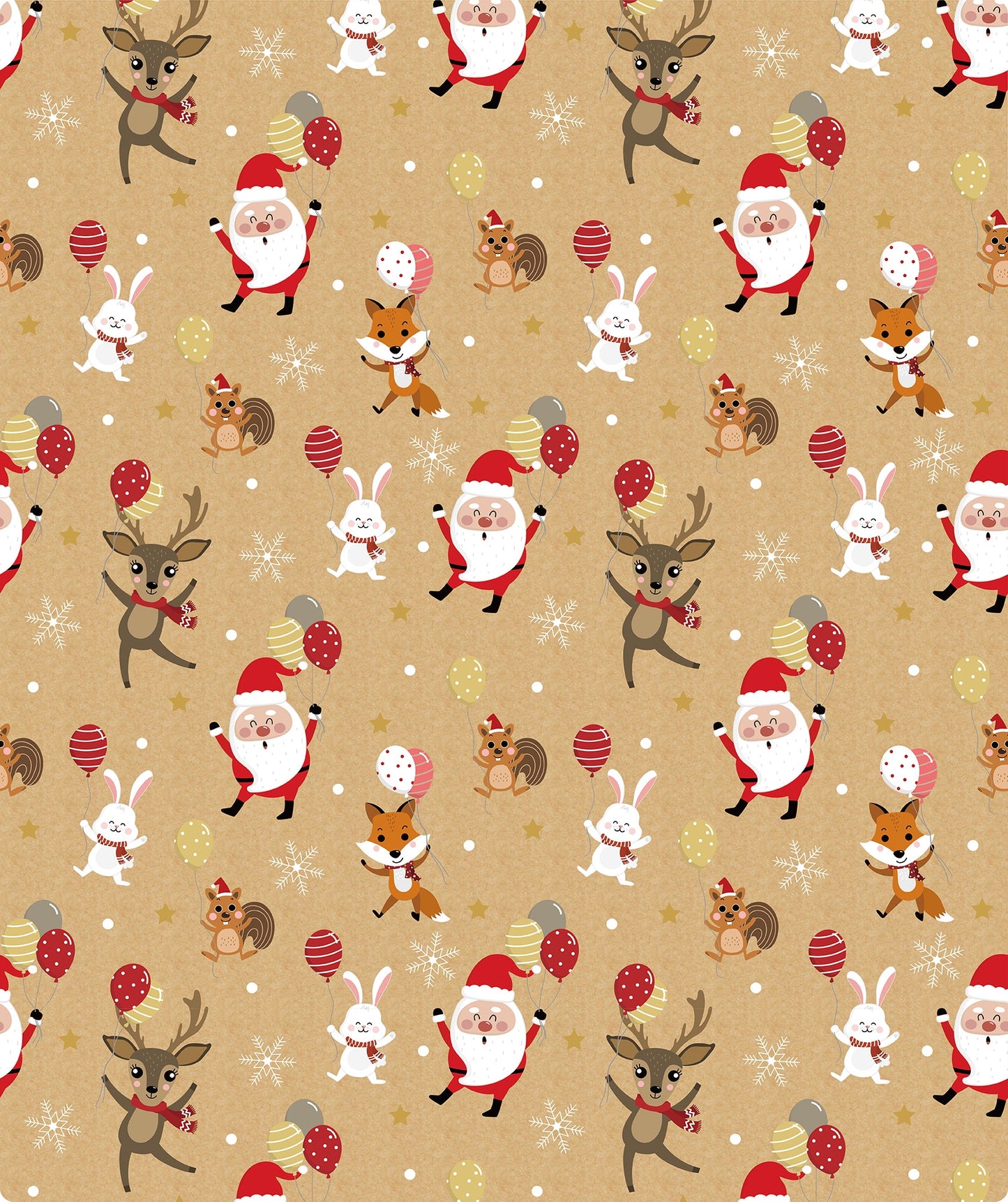 Dancing Santa & Animals Christmas Kraft Wrapping Paper with Cut Line on Reverse