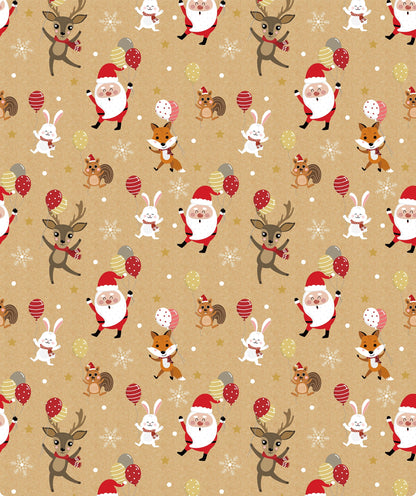 Dancing Santa & Animals Christmas Kraft Wrapping Paper with Cut Line on Reverse