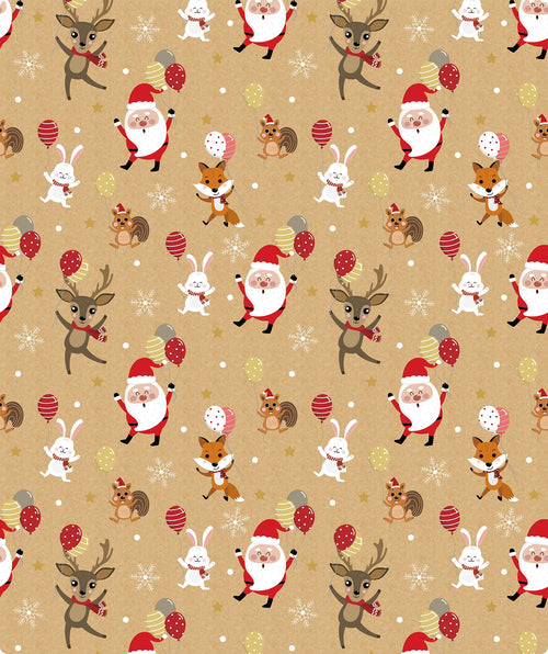 Dancing Santa & Animals Christmas Kraft Wrapping Paper with Cut Line on Reverse