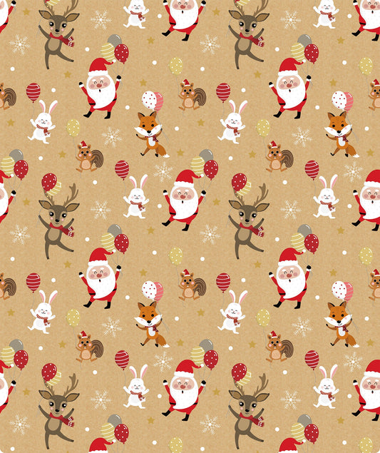 Dancing Santa & Animals Christmas Kraft Wrapping Paper with Cut Line on Reverse