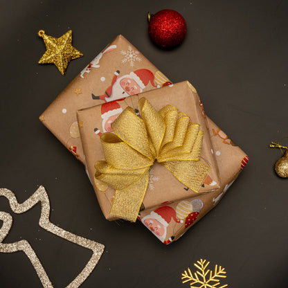 Dancing Santa & Animals Christmas Kraft Wrapping Paper with Cut Line on Reverse