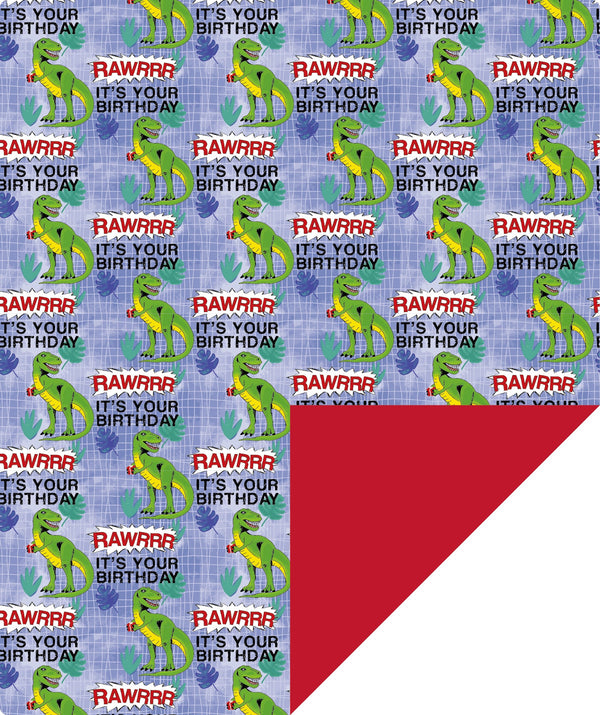 Dinosaur Birthday Wrapping Paper with Red Color on Reverse