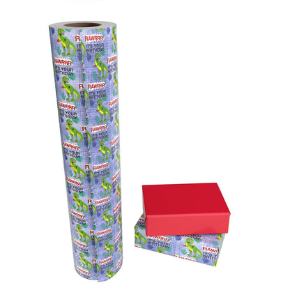 Dinosaur Birthday Wrapping Paper with Red Color on Reverse