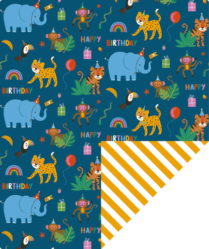 Elephant Lion Monkey Kids' Birthday Wrapping Paper wtih Yellow Stripe on Reverse