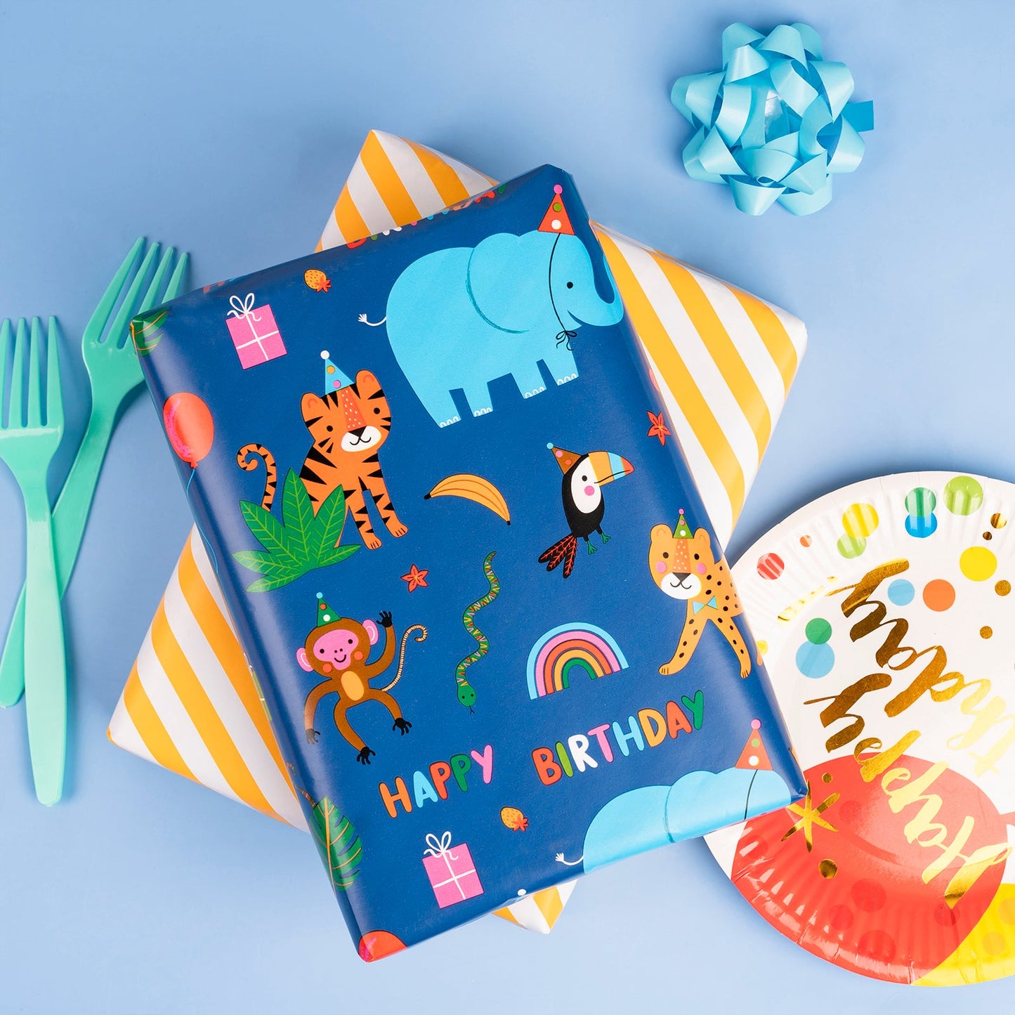 Elephant Lion Monkey Kids' Birthday Wrapping Paper wtih Yellow Stripe on Reverse