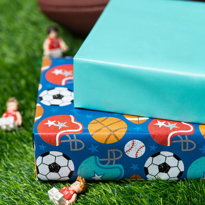 Football Sports Boy's Birthday Wrapping Paper with Teal Color on Reverse