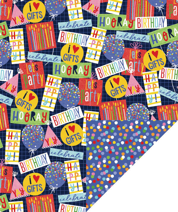 Hooray Birthday Party Wrapping Paper with Colorful Polka Dot on Reverse