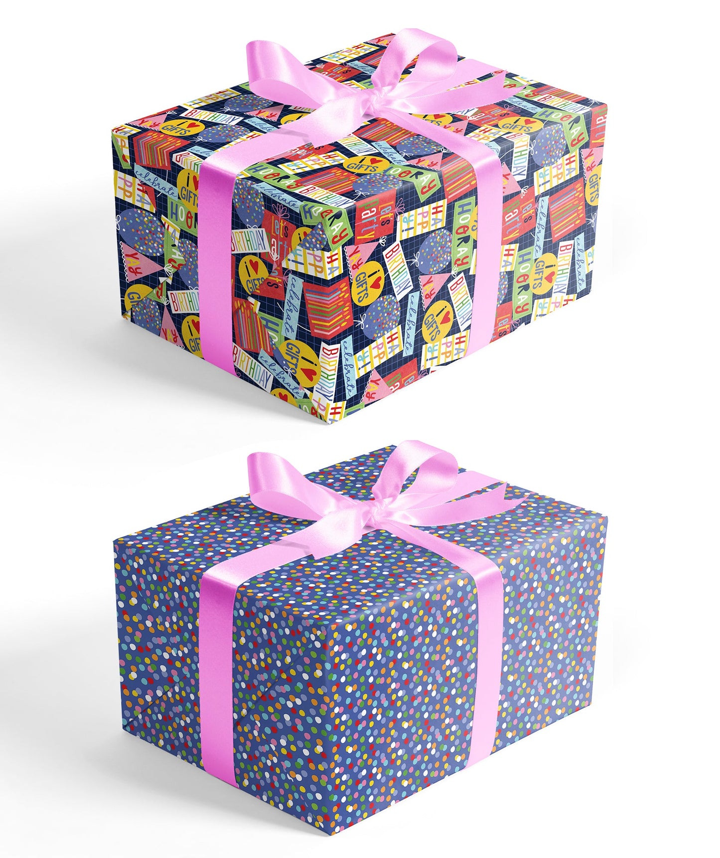 Hooray Birthday Party Wrapping Paper with Colorful Polka Dot on Reverse