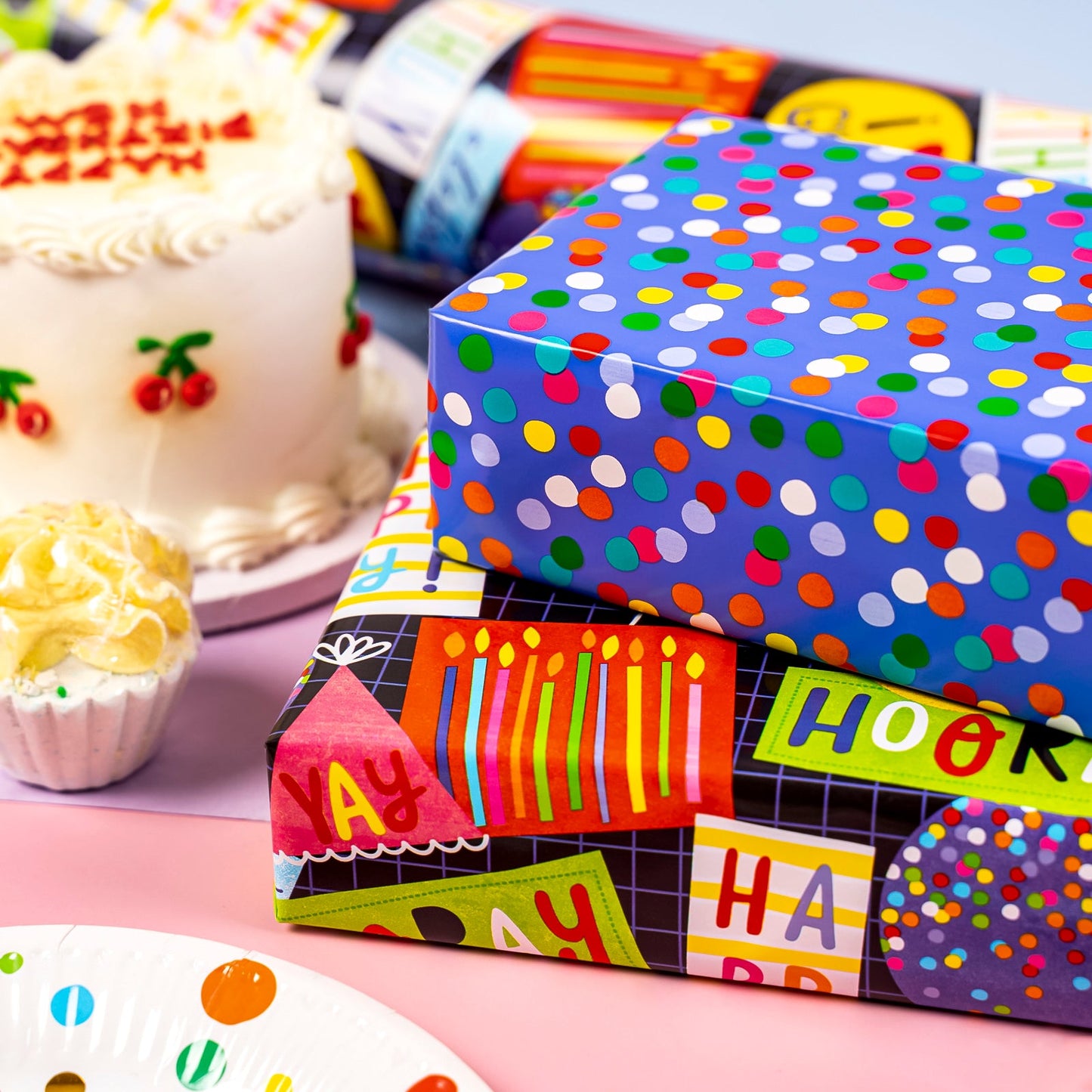 Hooray Birthday Party Wrapping Paper with Colorful Polka Dot on Reverse