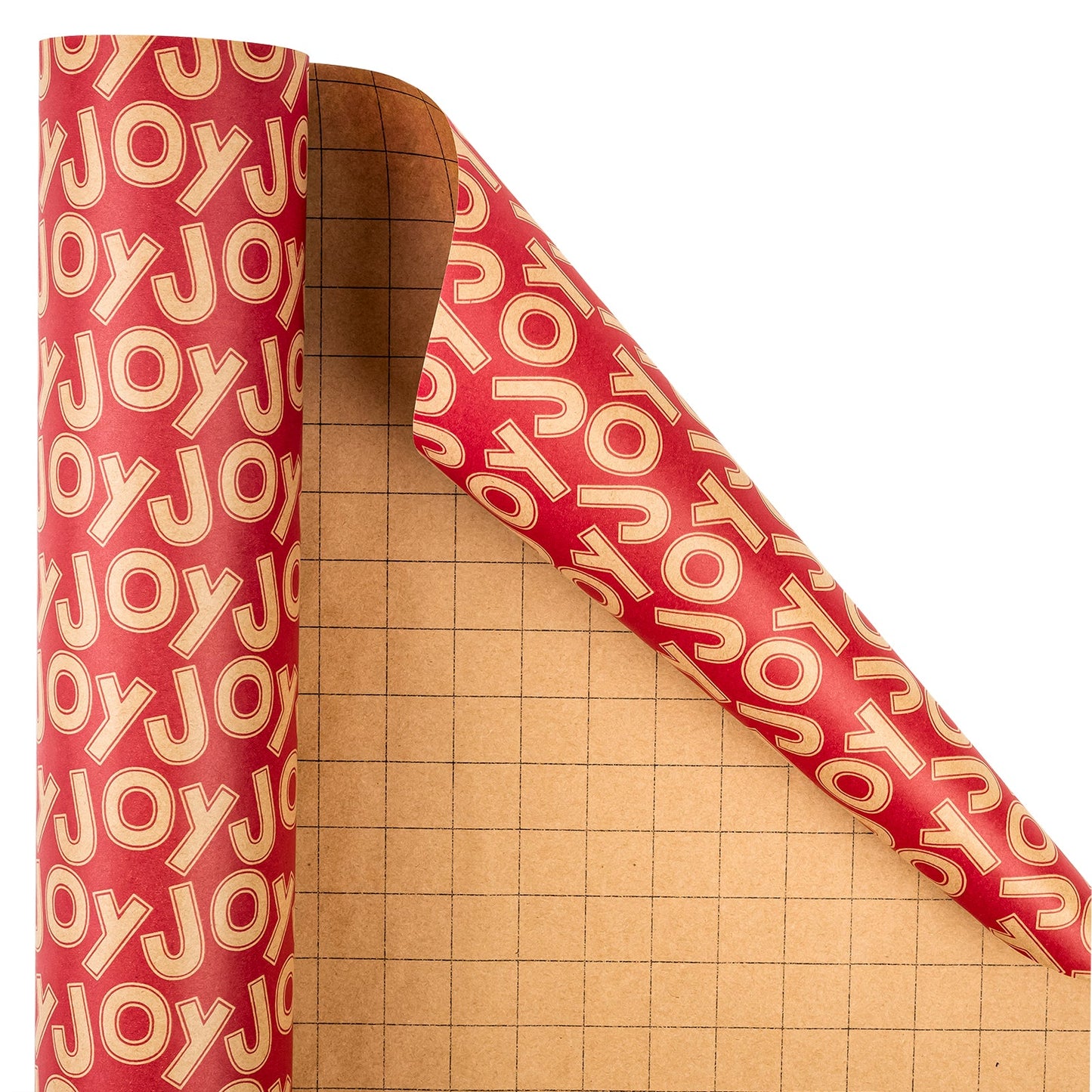 Joy in Red Background Christmas Kraft Wrapping Paper with Cut Line on Reverse