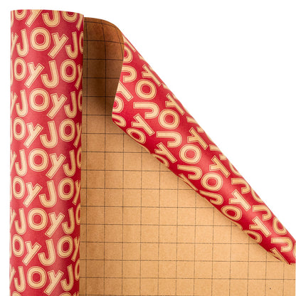 Joy in Red Background Christmas Kraft Wrapping Paper with Cut Line on Reverse