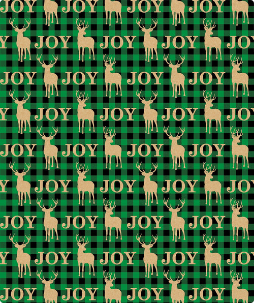 Joy & Reindeer Green Christmas Kraft Wrapping Paper with Cut Line on Reverse