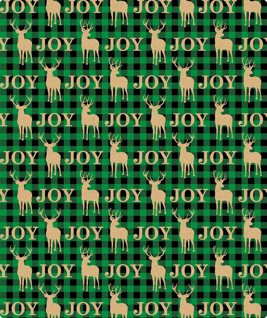 Joy & Reindeer Green Christmas Kraft Wrapping Paper with Cut Line on Reverse