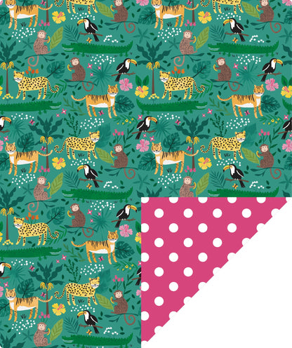 Jungle Kids' Birthday Wrapping Paper with Hot Pink Polka Dot on Reverse