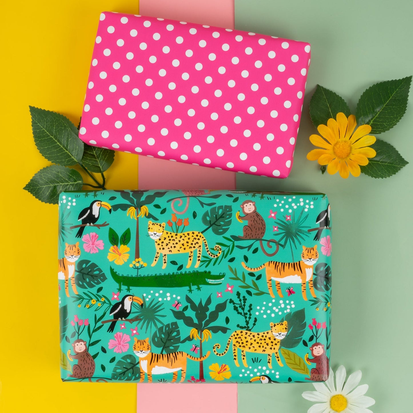 Jungle Kids' Birthday Wrapping Paper with Hot Pink Polka Dot on Reverse