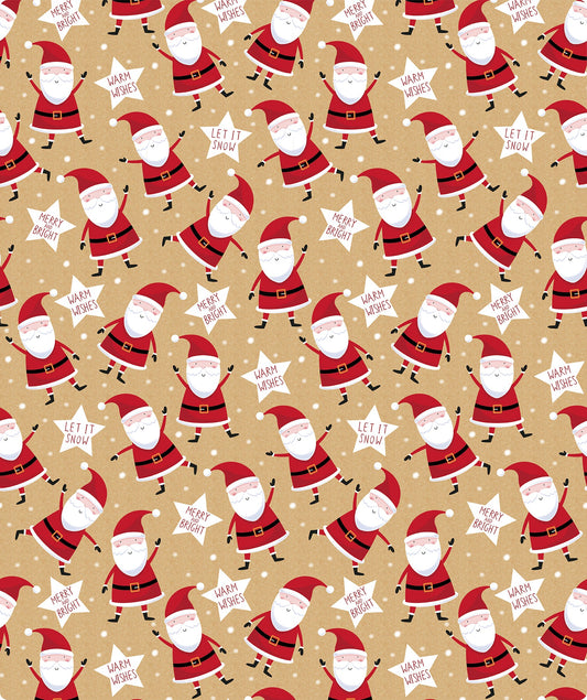 Merry & Bright Santa Christmas Kraft Wrapping Paper with Cut Line on Reverse