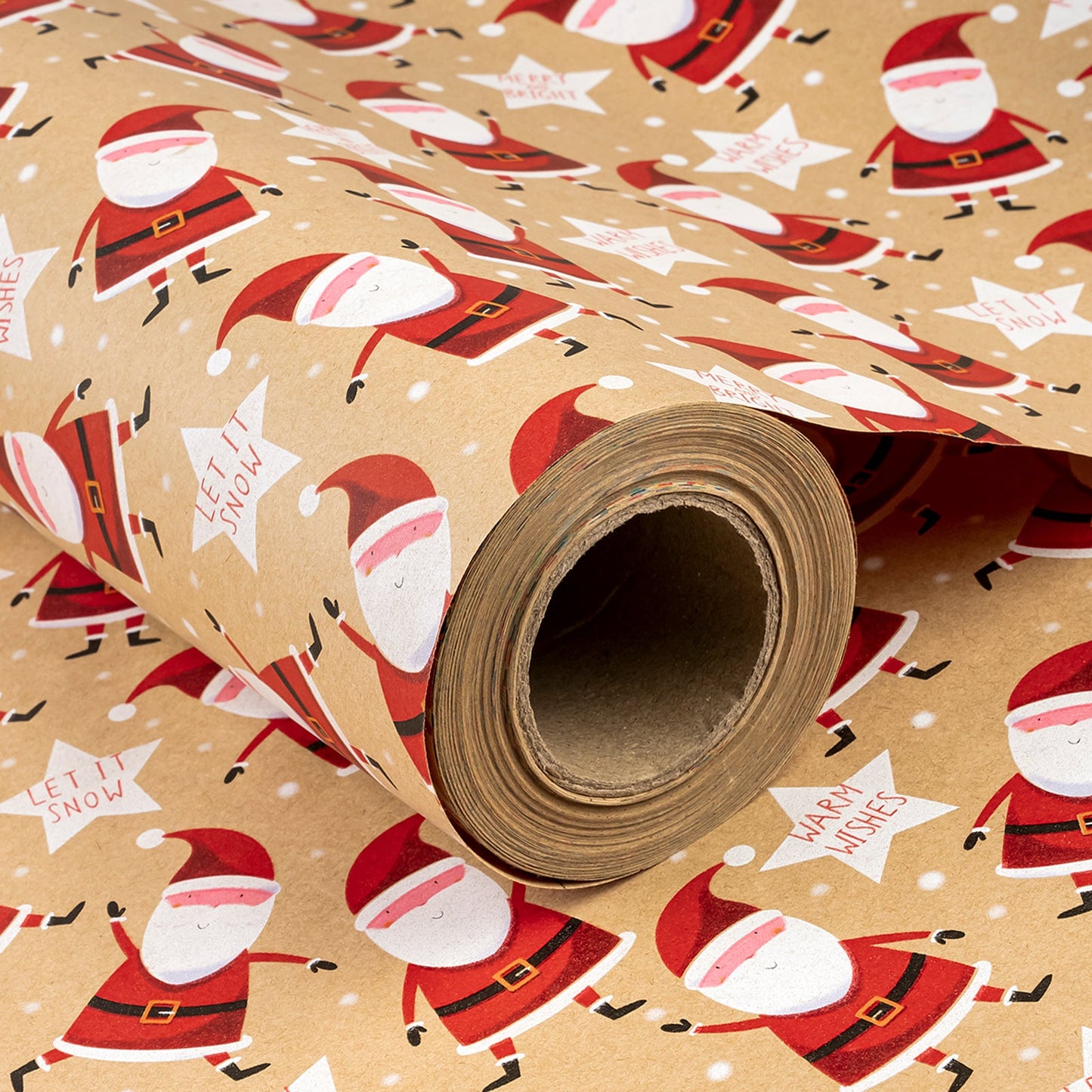Merry & Bright Santa Christmas Kraft Wrapping Paper with Cut Line on Reverse